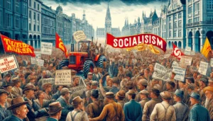 European Farmers Protesting A detailed and vivid illustration of European farmers protesting against socialism. The scene features a large group of farmers holding signs and bann (1)