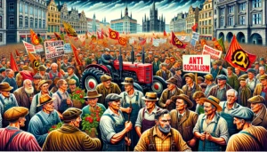 European Farmers Protesting A detailed and vivid illustration of European farmers protesting against socialism. The scene features a large group of farmers holding signs and bann (2)