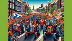 European farmers A detailed and vivid illustration of European farmers stopping traffic with a tractor parade in Amsterdam as a protest against socialism. The scene fe (1)