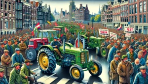 European farmers A detailed and vivid illustration of European farmers stopping traffic with a tractor parade in Amsterdam as a protest against socialism. The scene fe (2)