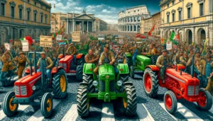 European farmers A detailed and vivid illustration of European farmers stopping traffic with a tractor parade in Rome as part of a protest against socialism. The scene (1)