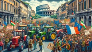 European farmers A detailed and vivid illustration of European farmers stopping traffic with a tractor parade in Rome as part of a protest against socialism. The scene (2)