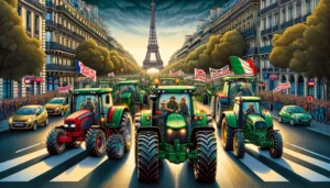 French Farmers in Paris A detailed and vivid illustration of European farmers stopping traffic with a tractor parade in Paris as a protest against socialism. The scene featur (1)