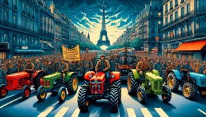 French Farmers in Paris A detailed and vivid illustration of European farmers stopping traffic with a tractor parade in Paris as a protest against socialism. The scene featur (2)