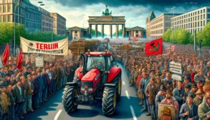 German farmers A detailed and vivid illustration of European farmers stopping traffic with a tractor parade in Berlin as a protest against socialism. The scene featu (1)