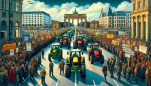 German farmers A detailed and vivid illustration of European farmers stopping traffic with a tractor parade in Berlin as a protest against socialism. The scene featu (2)